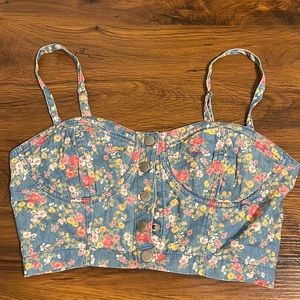Forever 21 floral denim crop top buttons S
